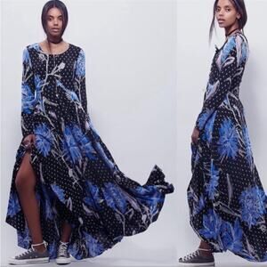 Free People Black Maxi Dress with Blue Floral Print